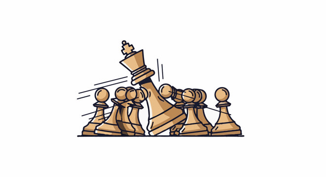 Stylized chess king topples amid advancing pawns