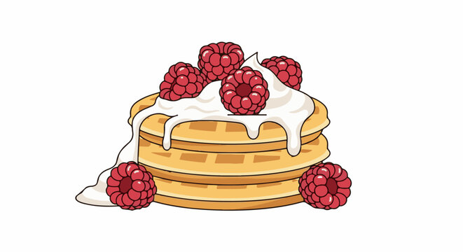 Stacked waffles topped with whipped cream and fresh raspberries