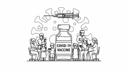Obraz premium Vaccination clinic with a large vial and syringe, people receiving shots