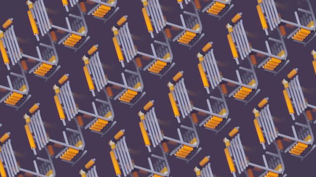 Bold 3D pattern. Gray and orange splines in a seamless isometric loop. Dynamic background mimicking the operation of a complex digital mechanism or conveyor. Ideal for IT and engineering