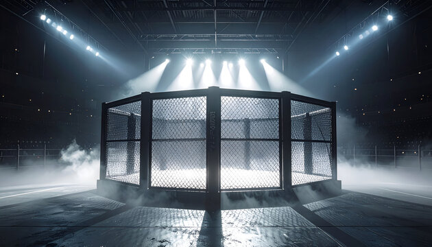 An empty, octagonal MMA cage sits center stage in a darkened arena, illuminated by dramatic spotlights and shrouded in a low-lying fog, creating a tense and anticipatory atmosphere.