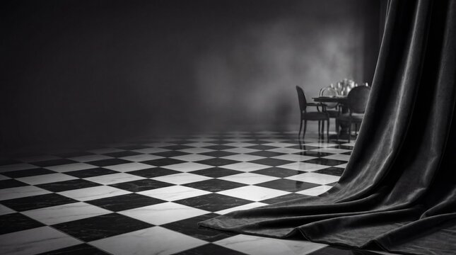 Black and white marble checkered floor in a dark room with velvet curtain