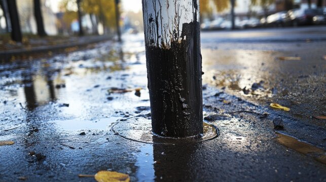 Muddy puddle reflecting autumn trees around city street post