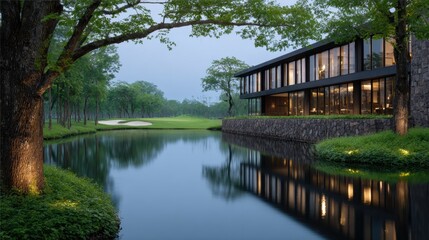 Fototapeta premium Serene Golf Course Landscape with Modern Clubhouse Reflected in Calm Water at Twilight in Lush Green Surroundings