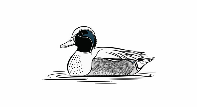 A stylized illustration of a duck with a black head and chest on water