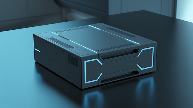 Futuristic gaming console design with neon blue lighting on dark surface high tech hardware concept.