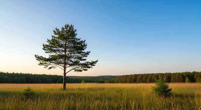 Lonely Tree in a Green Field with Electrical Transmission Towers
