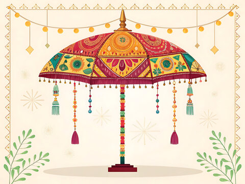 Indian wedding decorative umbrella (chatri) background with colorful fabric patterns, hanging tassels, festive lighting, poster composition, no people