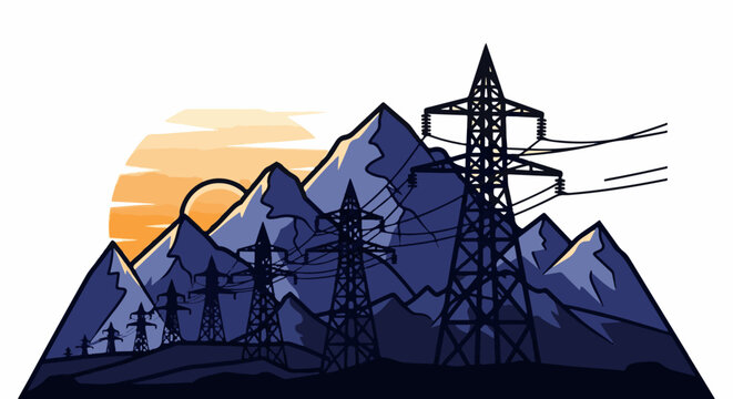 Electric towers span a mountain range at sunset with a warm orange sky