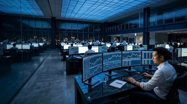 AI Agent Quantitative Trading Dashboard in Modern Financial Control Room, Artificial Intelligence Finance Technology, Autonomous Stock Market Analytics