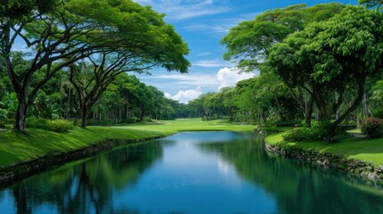 Fototapeta premium Serene Golf Course Landscape with Lush Greenery and Calm Water Reflection Under Bright Blue Sky