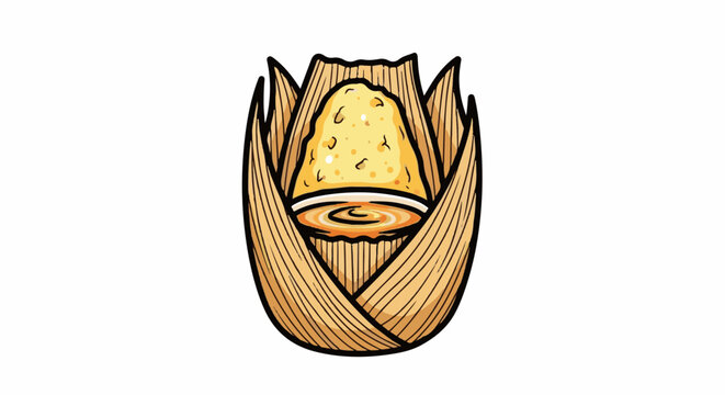 Stylized illustration of a tamale, a corn masa dough dish, wrapped in husks