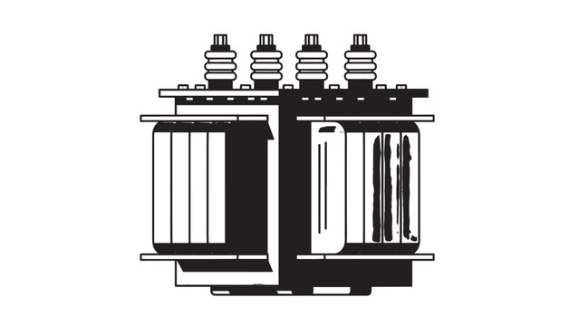 Close-up of a high-voltage electrical transformer with insulators and metallic components.