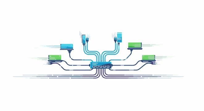 Colorful network devices and cables connect to a central hub, with data streams visualized