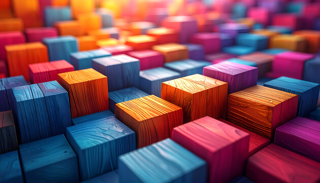 A vibrant and dynamic arrangement of colorful wooden cubes creates a visually striking abstract composition with a sense of depth and texture.