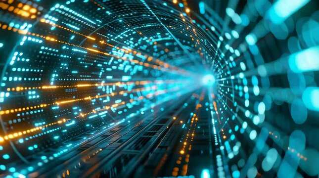 futuristic coding universe, massive digital tunnel made of glowing code streams, HTML tags, CSS layouts, browser windows, floating UI panels, luminous syntax patterns, cyber particles, blue and cyan d