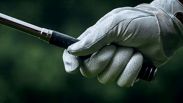 A gloved hand grips a golf club tightly on a green course.