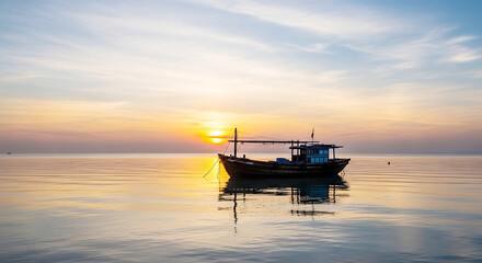 Naklejka premium Traditional Fishing Boat Silhouetted Against a Golden Sunset Over Calm Sea