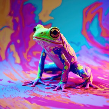 Vibrant frog perches on psychedelic, swirling background