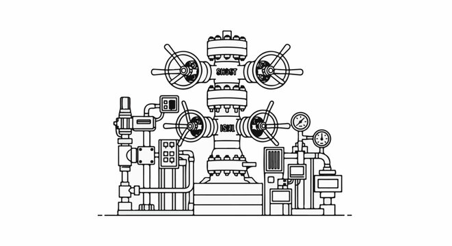 Industrial wellhead equipment with gauges and valves in outline