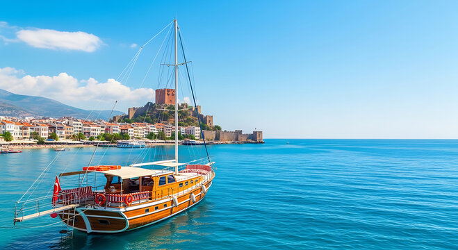 Traditional Turkish Gulet Boat Anchored in Front of Alanya Castle and Mediterranean Sea