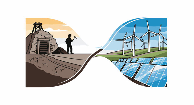 Contrast of traditional mining with modern renewable energy sources like wind turbines and solar panels