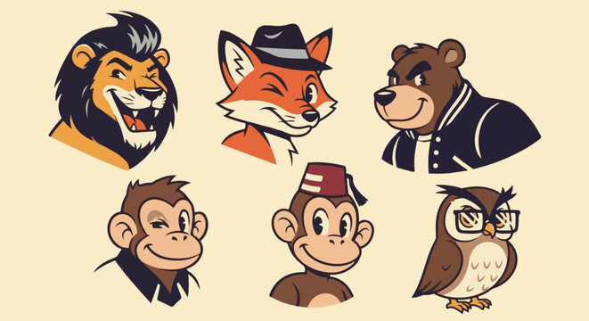 Six cartoon animal heads lion, fox, bear, two monkeys, and owl