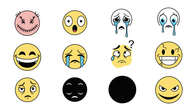 Emoticon illustrations on black background representing diverse feelings