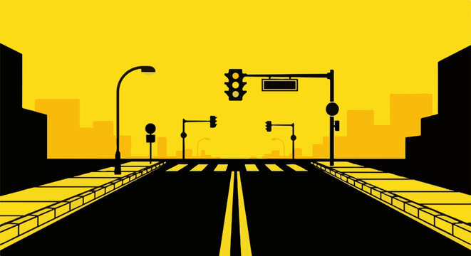 Stylized city intersection with traffic lights and pedestrian crossing