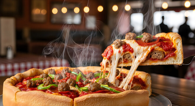 Freshly baked deep dish pizza slice held up with melted cheese pulling away from the savory tomato sauce base