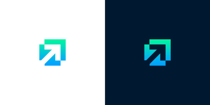 Modern abstract square arrow icon representing growth and direction, presented in two color schemes for versatility