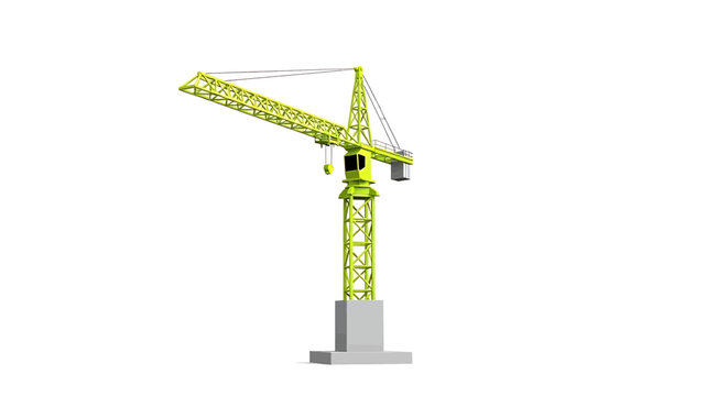 A bright yellow construction crane standing on a gray base