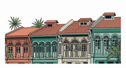 Obraz premium Colorful, colonial-style buildings with tiled roofs and arched windows, tropical foliage