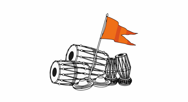 Drums and a saffron flag arranged in a white background