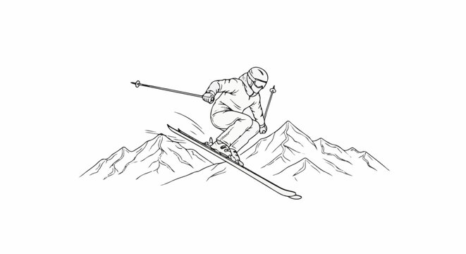 Sketch of a skier airborne above mountains with ski poles