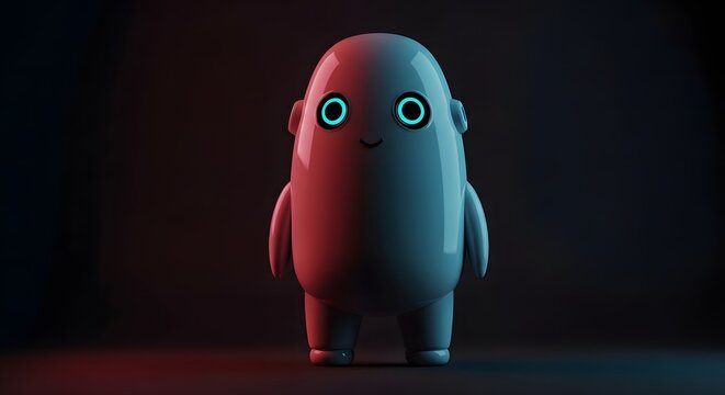 small rounded robot glossy surface glowing blue eyes smiling mouth futuristic design dramatic red blue lighting