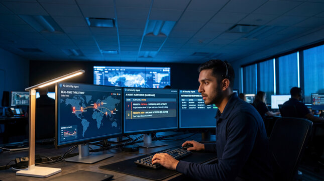 Security Analyst Using AI Cybersecurity Dashboard in Modern SOC Control Room, Artificial Intelligence Threat Detection and Network Security Technology