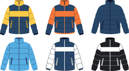 Puffer Jacket Collection Featuring Yellow, Blue, Orange, Black, and White Color Combinations for Winter Fashion and Outerwear Designs. © Honey!