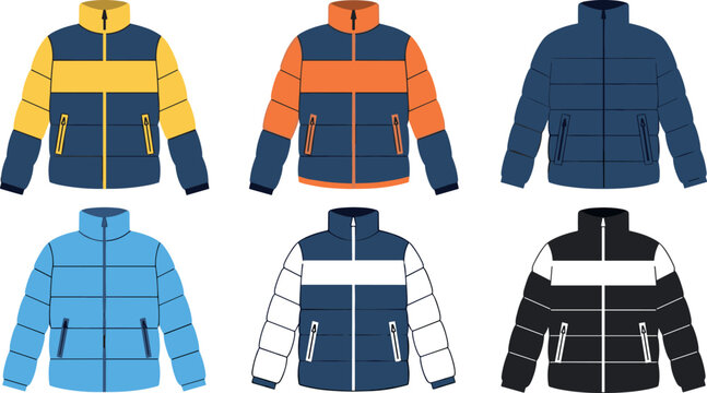 Puffer Jacket Collection Featuring Yellow, Blue, Orange, Black, and White Color Combinations for Winter Fashion and Outerwear Designs.