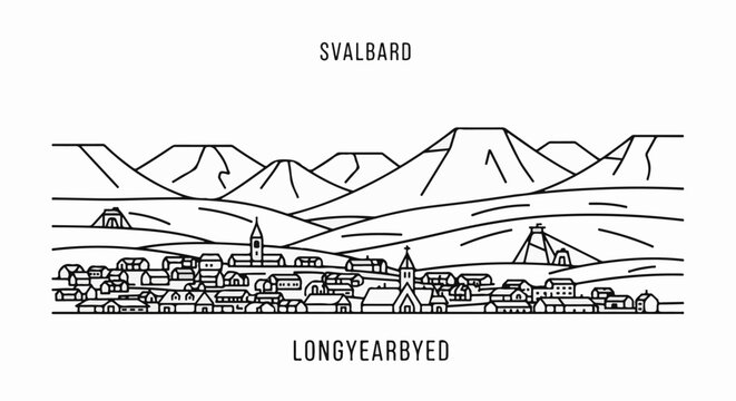 Minimalist line art depicts Svalbard's Longyearbyen with mountains and town