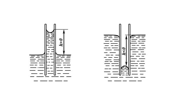 Minimal physics diagram showing capillary rise and depression in narrow tubes caused by surface tension. The illustration includes concave and convex meniscus, contact angle, and height difference. 