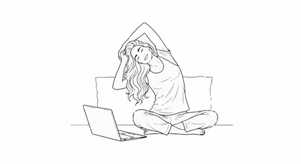 Obraz premium A woman stretches while sitting cross-legged with a laptop