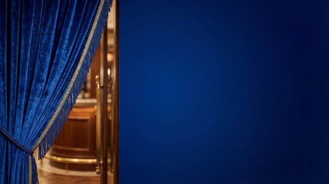 Luxurious blue velvet curtain pulled back revealing a classic interior room
