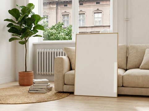 Minimalist interior with blank frame mockup stylish couch and fiddle leaf fig tree near window neutral tones for modern home decor