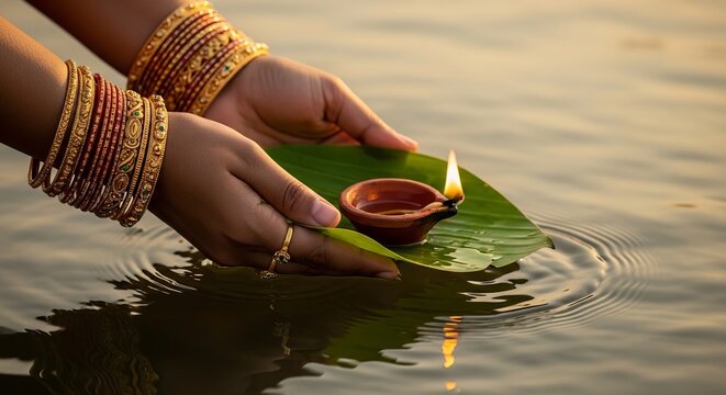 Traditional Adi Perukku Celebration: Close-up of Woman's Hands Releasing a Glowing Clay Lamp on Banana Leaf into a Sacred Flowing River