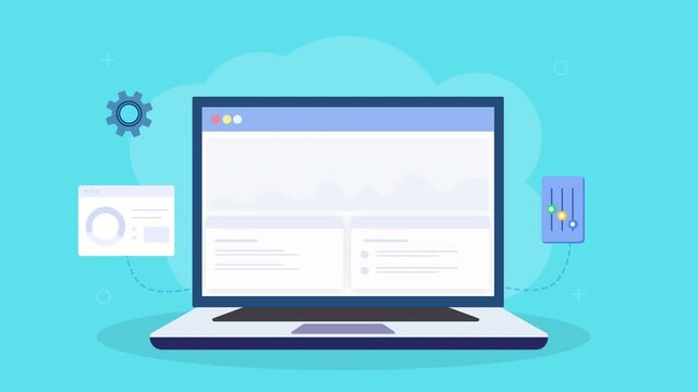 Animated laptop displaying settings and payment dashboard with configuration gear, credit card, and digital interface elements in clean flat design on teal background.