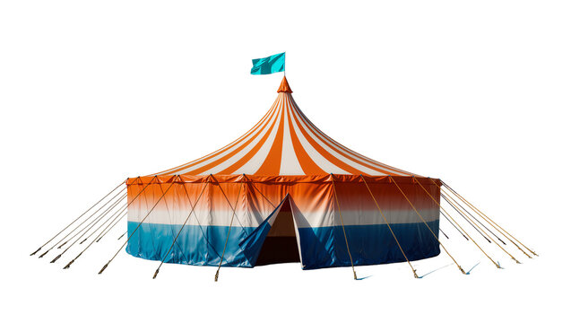 Vibrant striped circus tent with blue door and flag on top