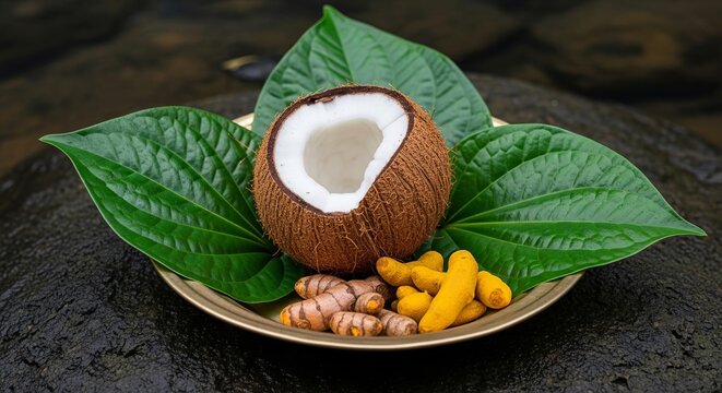 Traditional Adi Perukku Ritual Offerings on Polished Brass Platter Featuring Cracked Coconut, Betel Leaves, and Yellow Turmeric Roots for Hindu Ceremony
