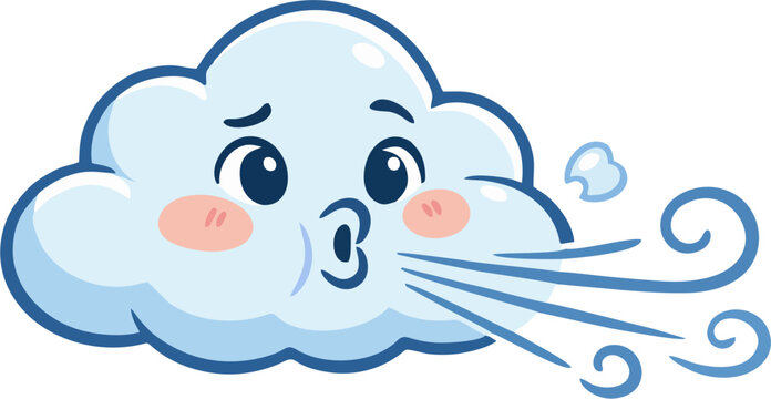 Cute Cartoon Cloud Character Blowing Wind with Funny Face and Rosy Cheeks &ndash; Kawaii Weather Icon