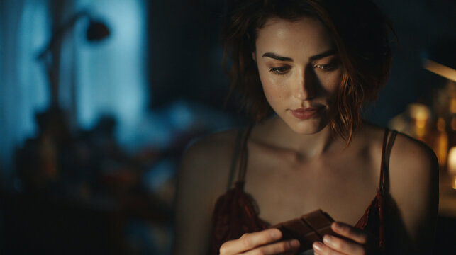 Woman holding chocolate bar in dim light